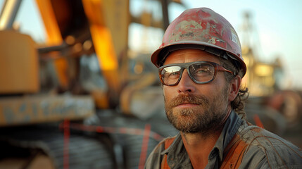 Construction worker pauses to reflect while surrounded by machinery
