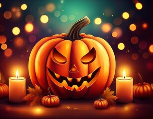 Fototapeta premium A Halloween-themed design with a carved pumpkin and candles placed on a wooden table, ideal for social media posts or invitations