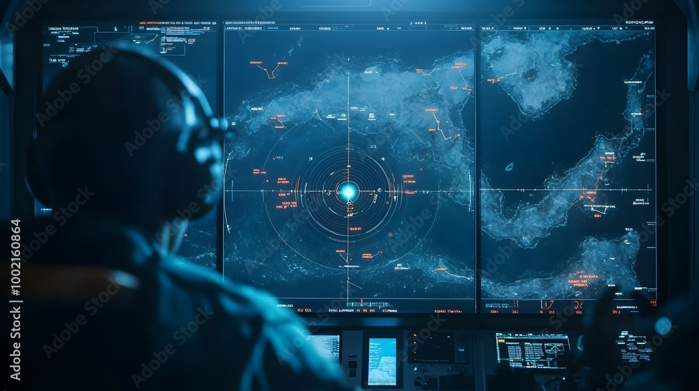 Aufkleber a close up image of a sophisticated marine radar screen showcasing the precise tracking and visualiz