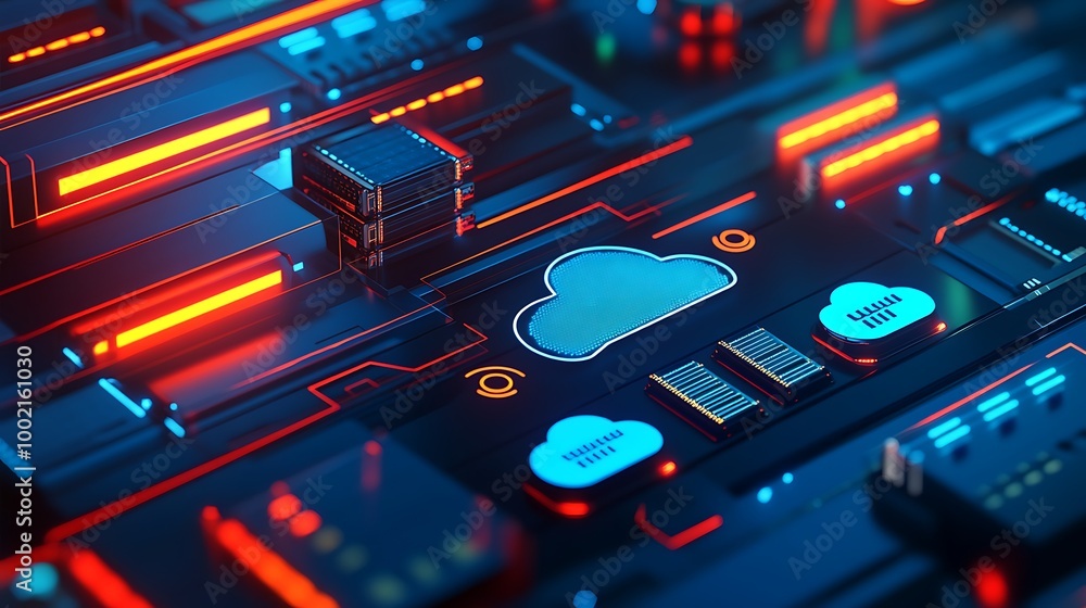 Poster Close-up of a circuit board with a cloud icon and other digital elements.