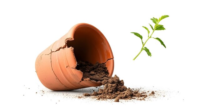 A close up view of a broken ceramic flower pot with large cracks and soil spilling out isolated on a plain white background  The damaged container represents themes of the fragility of nature
