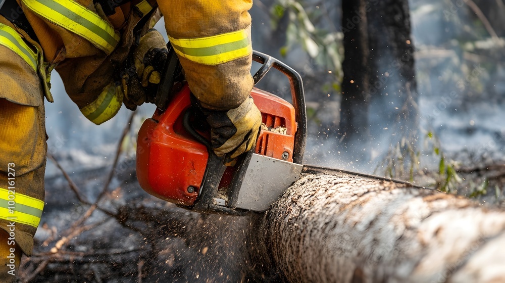 Poster a close up view of a professional firefighter wielding a chainsaw to fell a tree and create a critic