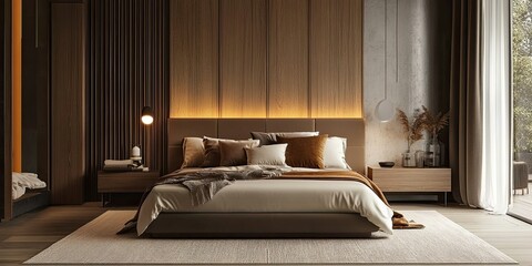 modern brown and cream bedroom with wooden vertical panels partition, elegant minimalist buffet near luxury bed 