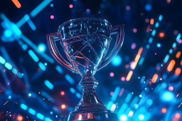 Champion trophy with futuristic technology. Blue neon background.