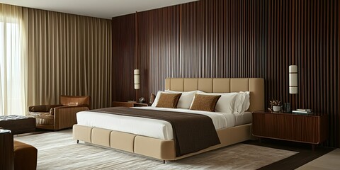 modern brown and cream bedroom with wooden vertical panels partition, elegant minimalist buffet near luxury bed 