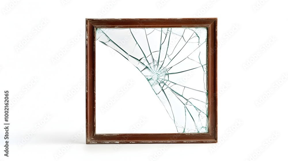 Poster A damaged and worn picture frame with cracked glass and a bent distorted frame isolated on a plain white background  This image showcases the weathered imperfect nature of an old frame