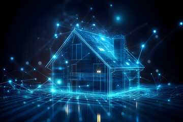 Fototapeta premium House with futuristic network connection technology big data. Blue neon background.