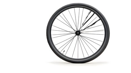Fototapeta premium A damaged and deformed bicycle wheel with a bent rim and broken spokes isolated against a plain white background The once functional transportation equipment now appears obsolete and abandoned