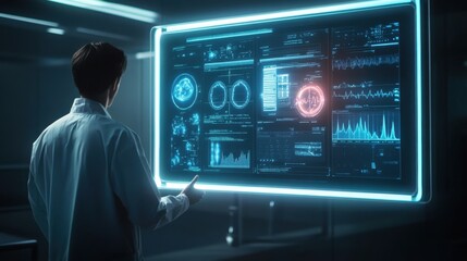 Obraz premium Futuristic healthcare technology showcasing electronic patient records, displayed on a sleek, glowing screen.