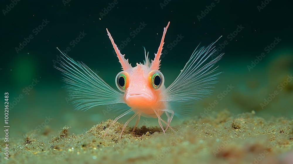 Poster a detailed and captivating view of a graceful tripod fish with its elongated fins standing elegantly