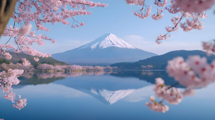 Mount Fuji Reflection with Cherry Blossoms in Spring