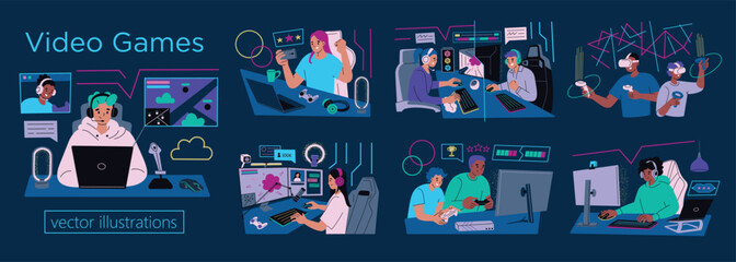 Vector illustration set of gamers playing video games and streaming. Flat cartoon style with doodle icons of consoles, computers, controllers. VR gaming and teamwork. Esports, technology projects © Elena