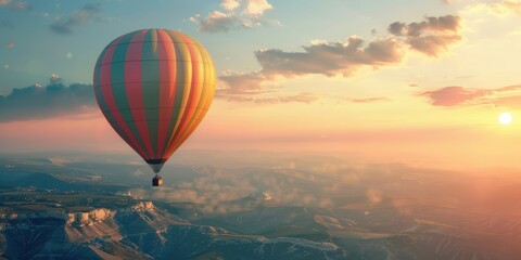Fototapeta premium Hot Air Balloon Soaring Above Mountains at Sunset