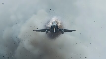 A fighter jet releasing chaff a radar countermeasure to avoid detection and lock on creating a spreading metallic cloud in the sky as the pans to capture the evasive action