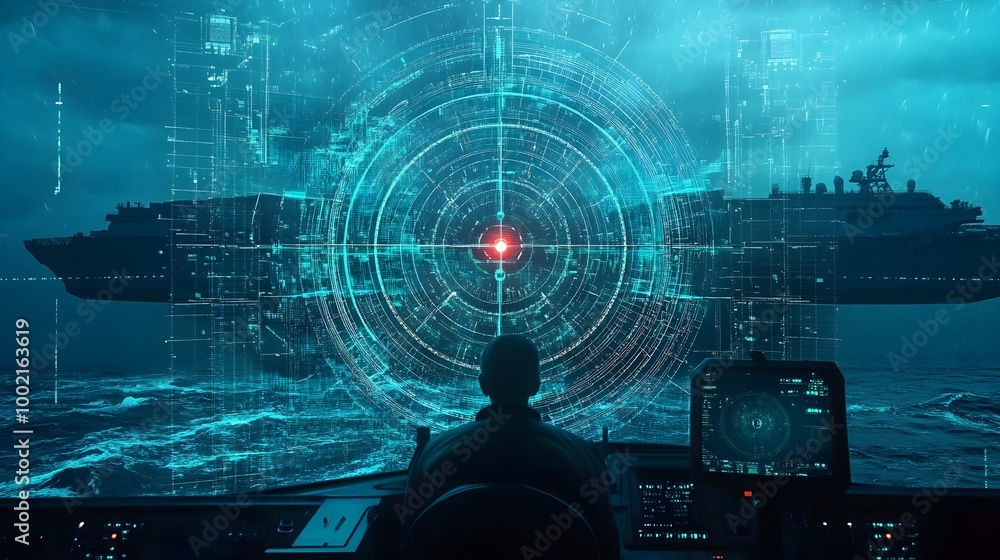 Aufkleber A futuristic radar screen displaying distorted glitching signals as a ship navigates through the mysterious Bermuda Triangle