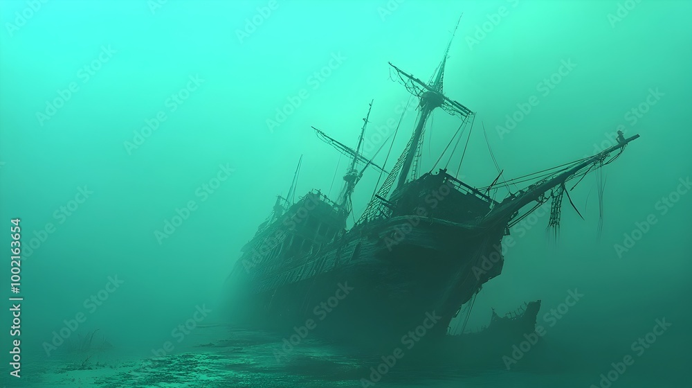 Aufkleber A ghost ship half submerged in the Bermuda Triangle surrounded by an eerie green fog that creates a mysterious and ominous atmosphere evoking a sense of the supernatural and the unknown