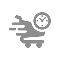 Fast and instant purchase vector icon. Shopping cart and a clock, delivery time symbol.