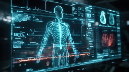 Futuristic medical technology interface showcasing electronic patient data, symbolizing the future of healthcare innovation.