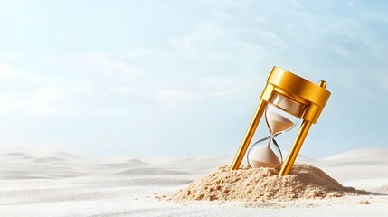 Fototapeta premium A golden hourglass buried in the sand with its top half spilling over as the desert represents the relentless passage of time and the transience of all things