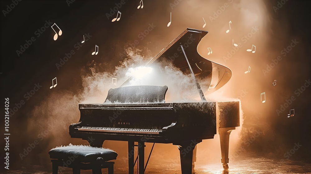 Poster A grand piano shrouded in a hazy mist like atmosphere with soft glowing light highlighting the keys as musical notes appear to float and dance in the air around it creating a serene