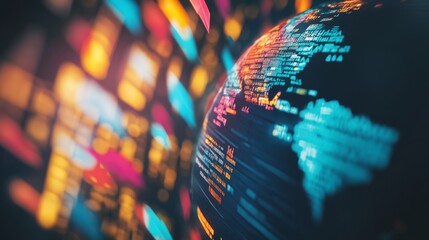 A vibrant, abstract representation of a globe surrounded by colorful data signals, symbolizing global connectivity and digital information flow.
