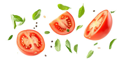 Naklejka premium Floating Tomato with Half Slices and Green Leaves | Isolated on Transparent Background