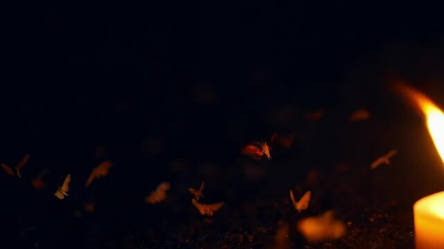 Candle flickers as moths gather in the dark at night