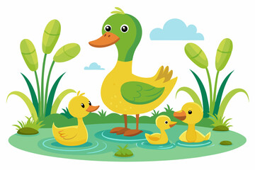 A large adult duck with a green head stands on a small grassy island, surrounded by three yellow ducklings. Two ducklings are swimming in the calm water, while one stands beside the adult. The backgro