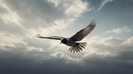 Fototapeta premium A single bird flying across a completely empty sky, its wings outstretched in a simple, graceful form, creating a sense of freedom and minimal beauty.