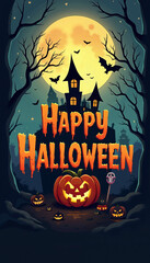 Halloween illustration with text and  a spooky haunted house with a full moon in the background, surrounded by pumpkins and bats. 