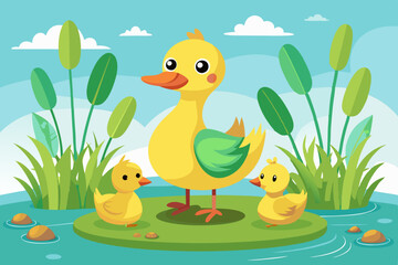 A large adult duck with a green head stands on a small grassy island, surrounded by three yellow ducklings. Two ducklings are swimming in the calm water, while one stands beside the adult. The backgro