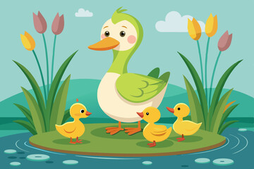 A large adult duck with a green head stands on a small grassy island, surrounded by three yellow ducklings. Two ducklings are swimming in the calm water, while one stands beside the adult. The backgro