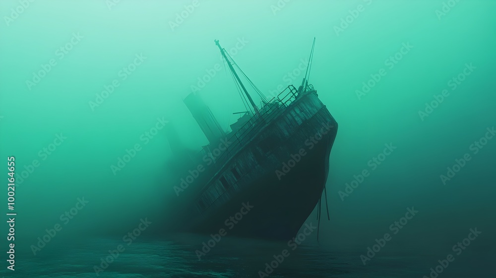 Poster a half submerged ghost ship lost to the mysterious depths of the bermuda triangle surrounded by an e