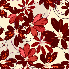 Vector seamless pattern of wine-colored leaves on a soft yellow background.