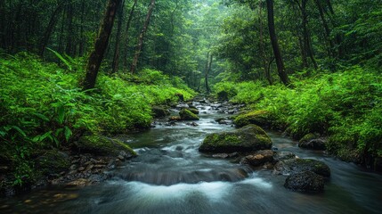 Obraz premium Serene river flowing through forest. Perfect for nature, peace, or tranquility themes.