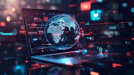 A futuristic laptop displays a holographic globe, representing global connectivity and advanced technology in a digital environment.