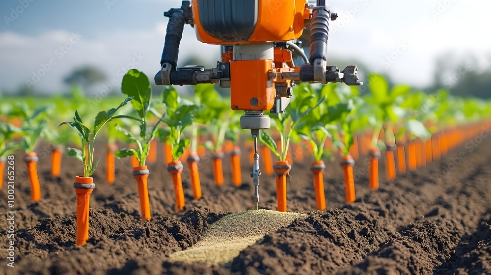 Poster A image showcasing a sophisticated seed drill machine meticulously placing seeds into neatly tilled rows of soil