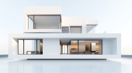 Modern architectural design, sleek lines and minimalistic style, featuring a contemporary house with large windows and an open layout, set against a clean white background.