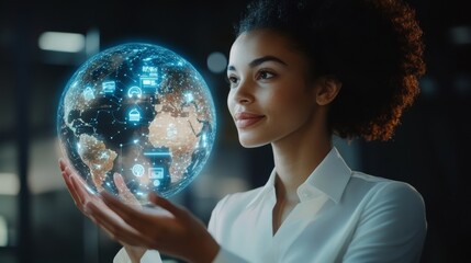 Naklejka premium A focused woman holds a holographic globe, symbolizing global connectivity and technological advancement.
