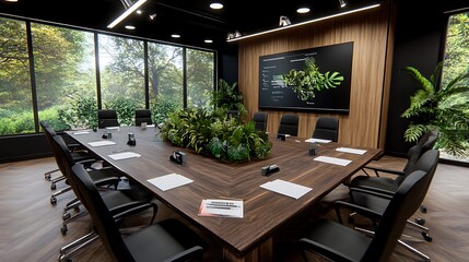Fototapeta premium Modern Conference Room Interior Design With Wooden Table Black Leather Chairs Plants and Window View