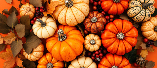 Autumn harvest of pumpkins and gourds with fall leaves