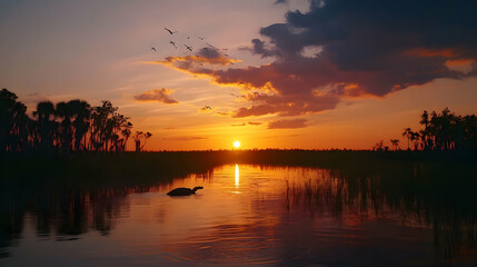 Obraz premium Stunning Sunset Over a Swamp with a Turtle Silhouetted in the Water