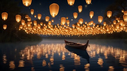 Thousands of glowing lanterns drifting across a calm river under a starlit sky. The serene atmosphere captures the beauty of light, water, and reflection.