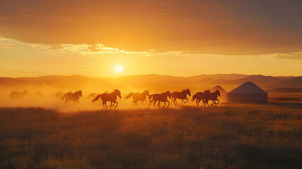 Fototapeta premium Wild Horses Galloping at Sunset in the Mongolian Steppes