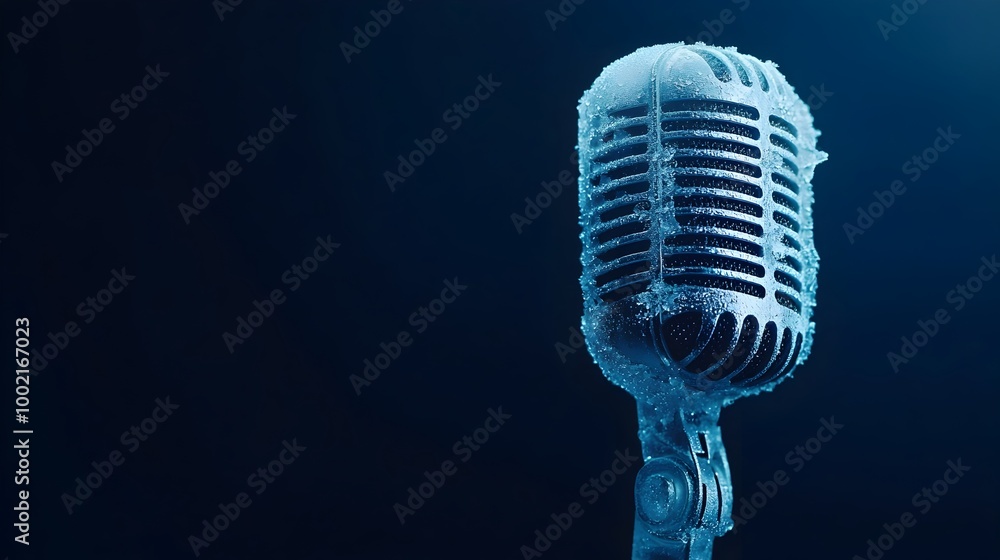 Poster A microphone encased in ice illuminated with soft blue lighting on a black background creating a striking and conceptual visual representation of technology and the creative process