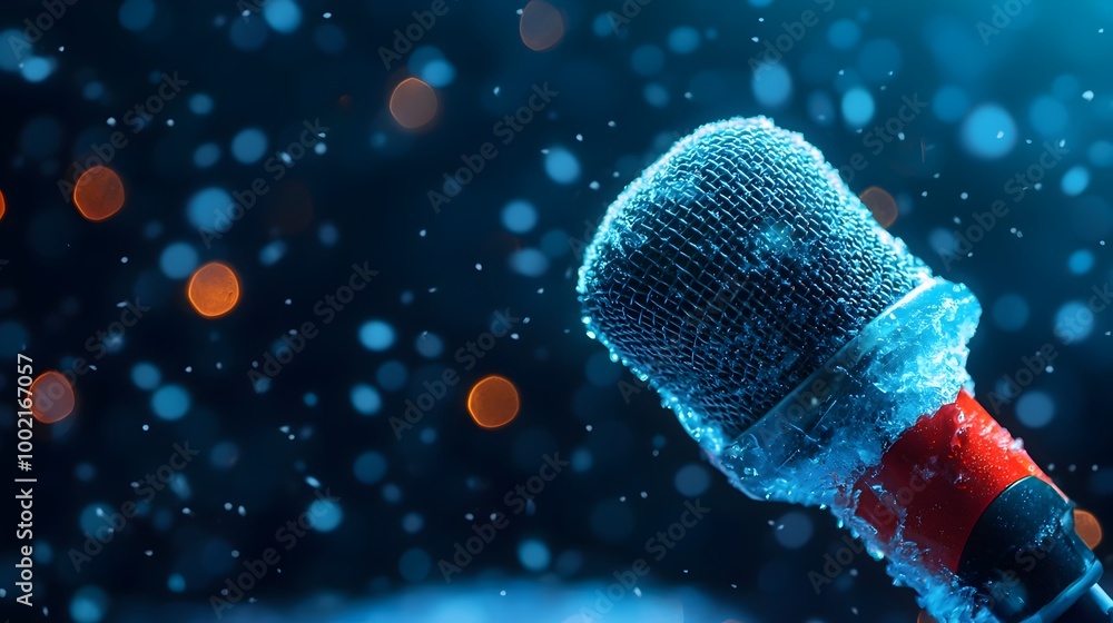 Aufkleber A microphone encased in ice illuminated with soft blue lighting on a dark black background creating a conceptual and visual representation of technology and sound