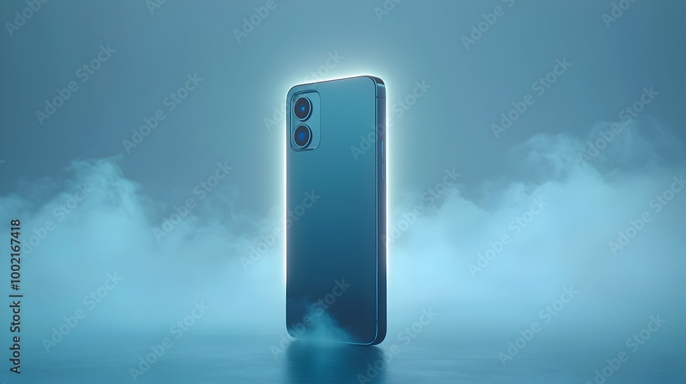 Aufkleber A modern smartphone standing upright its screen glowing softly and surrounded by swirling mist and hazy fog creating an ethereal captivating atmosphere