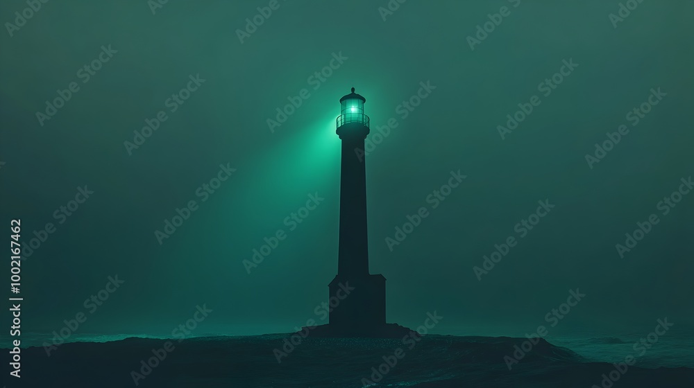 Aufkleber A Mysterious Lighthouse Standing Tall on the Edge of an Isolated Island in the Enigmatic Bermuda Triangle Emitting a Captivating Green Light into the Vast Ocean Surrounding It