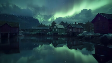 Fototapeta premium Northern Lights Reflecting on Calm Water in a Norwegian Village