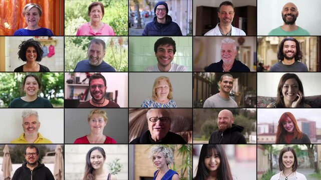 A compilation of videos showing 25 different people from various ethnic backgrounds smiling happily at the camera, portraying diversity and joy.